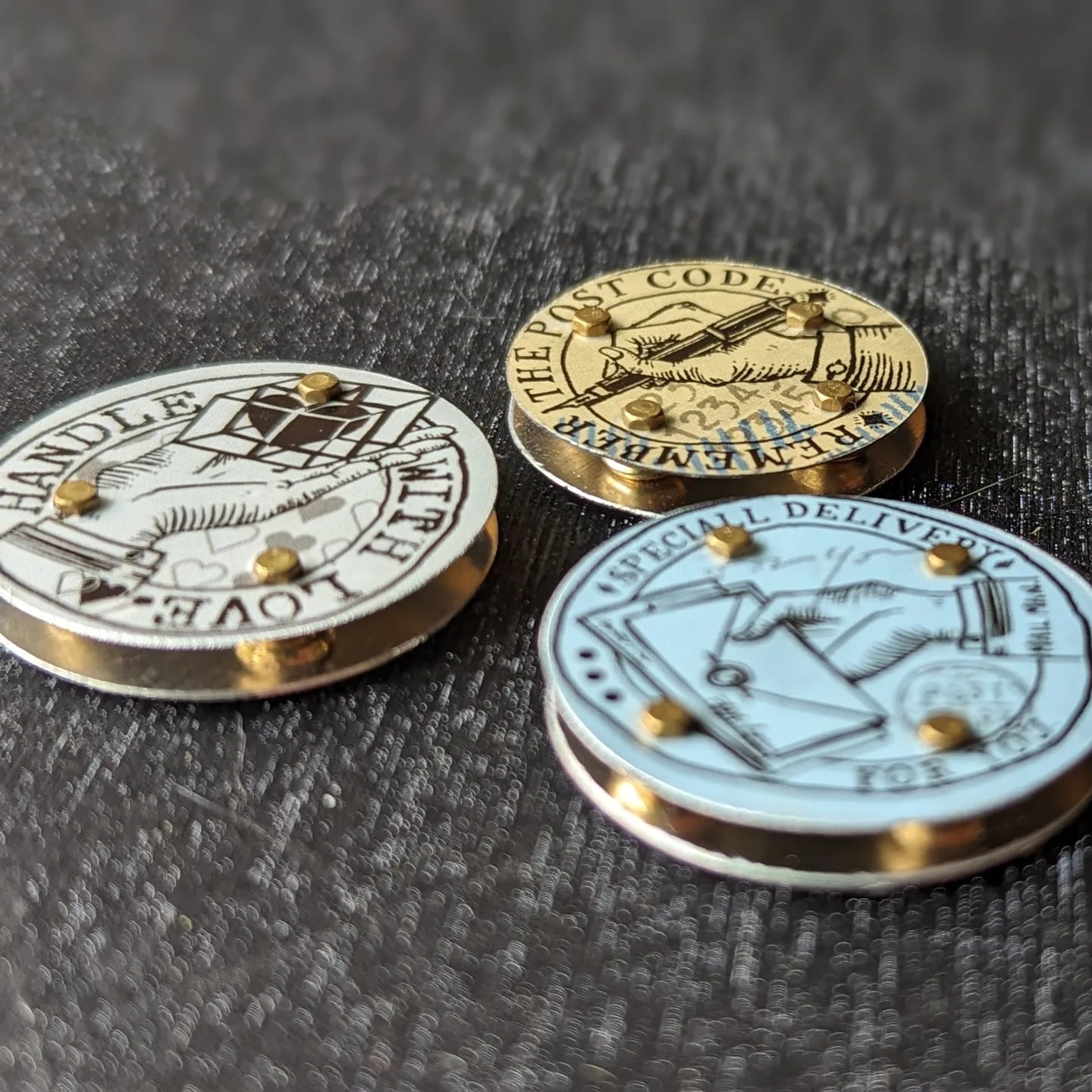 Pack of 3 Riveted Tin Postal Themed Sliders/Components/charms/pendants