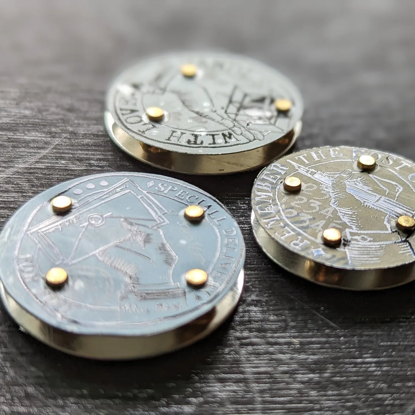 Pack of 3 Riveted Tin Postal Themed Sliders/Components/charms/pendants