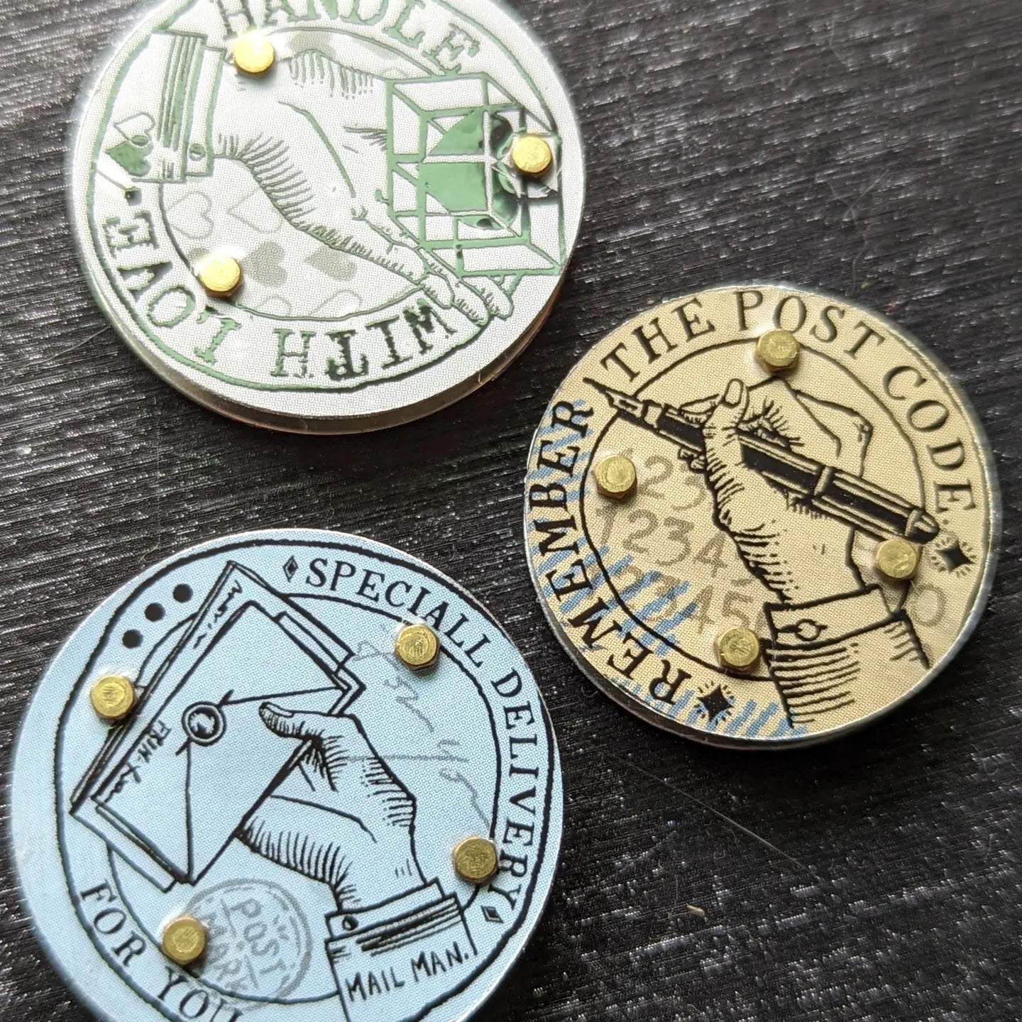 Pack of 3 Riveted Tin Postal Themed Sliders/Components/charms/pendants