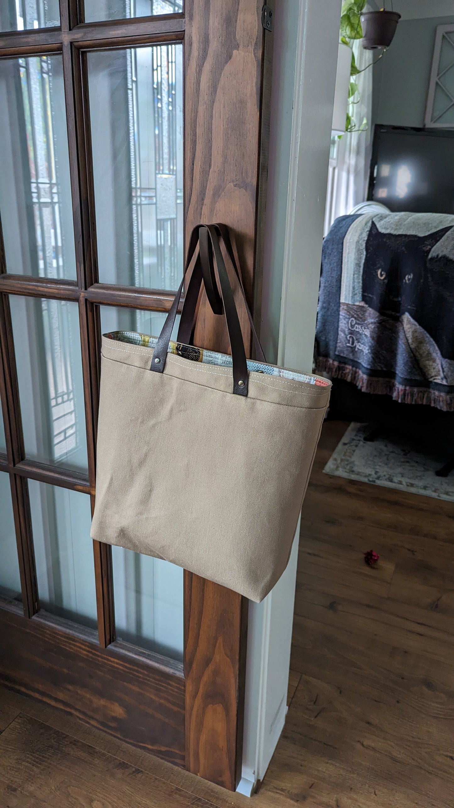 Khakii Tote Bag with Leather Handles