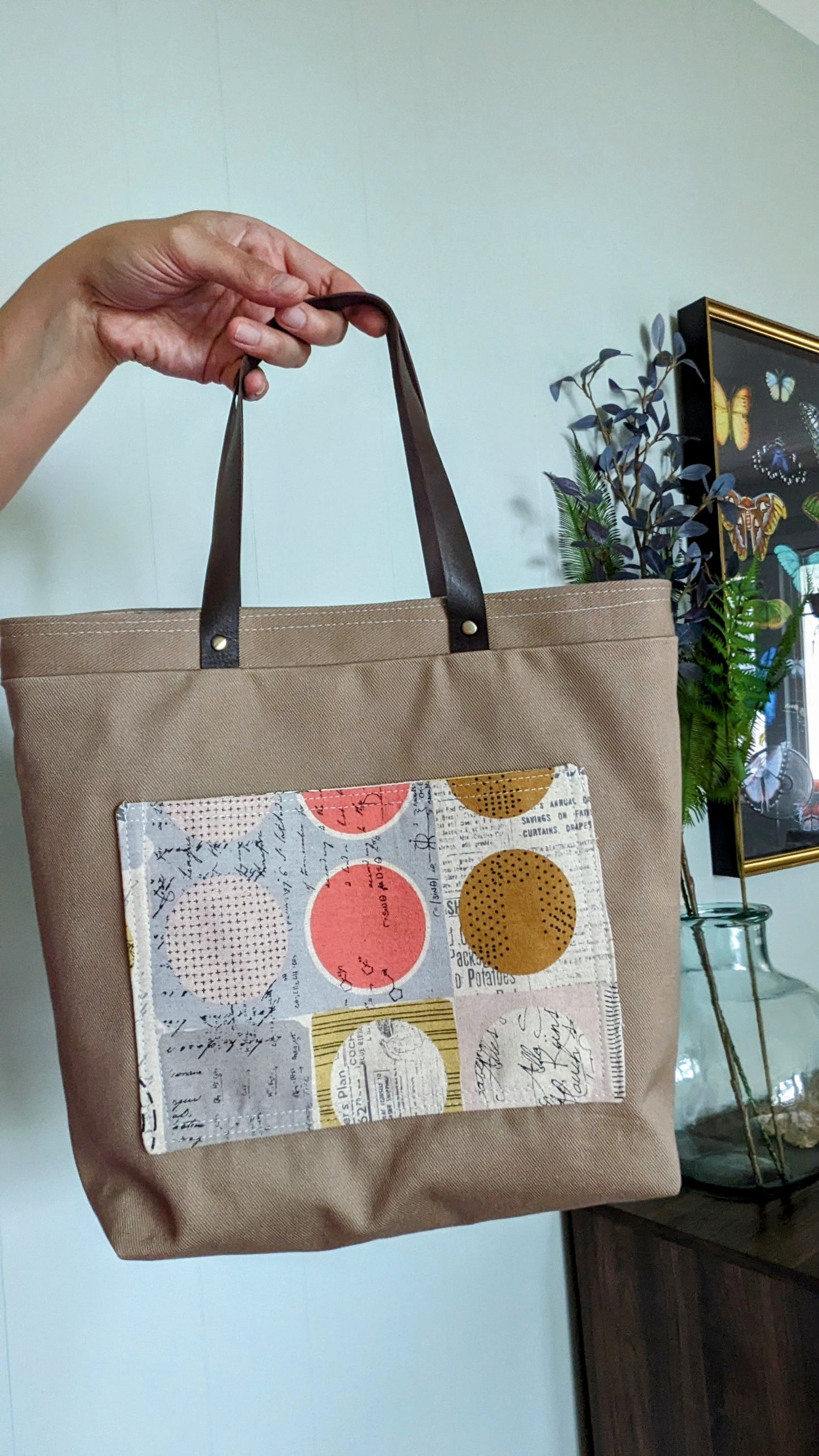 Khakii Tote Bag with Leather Handles