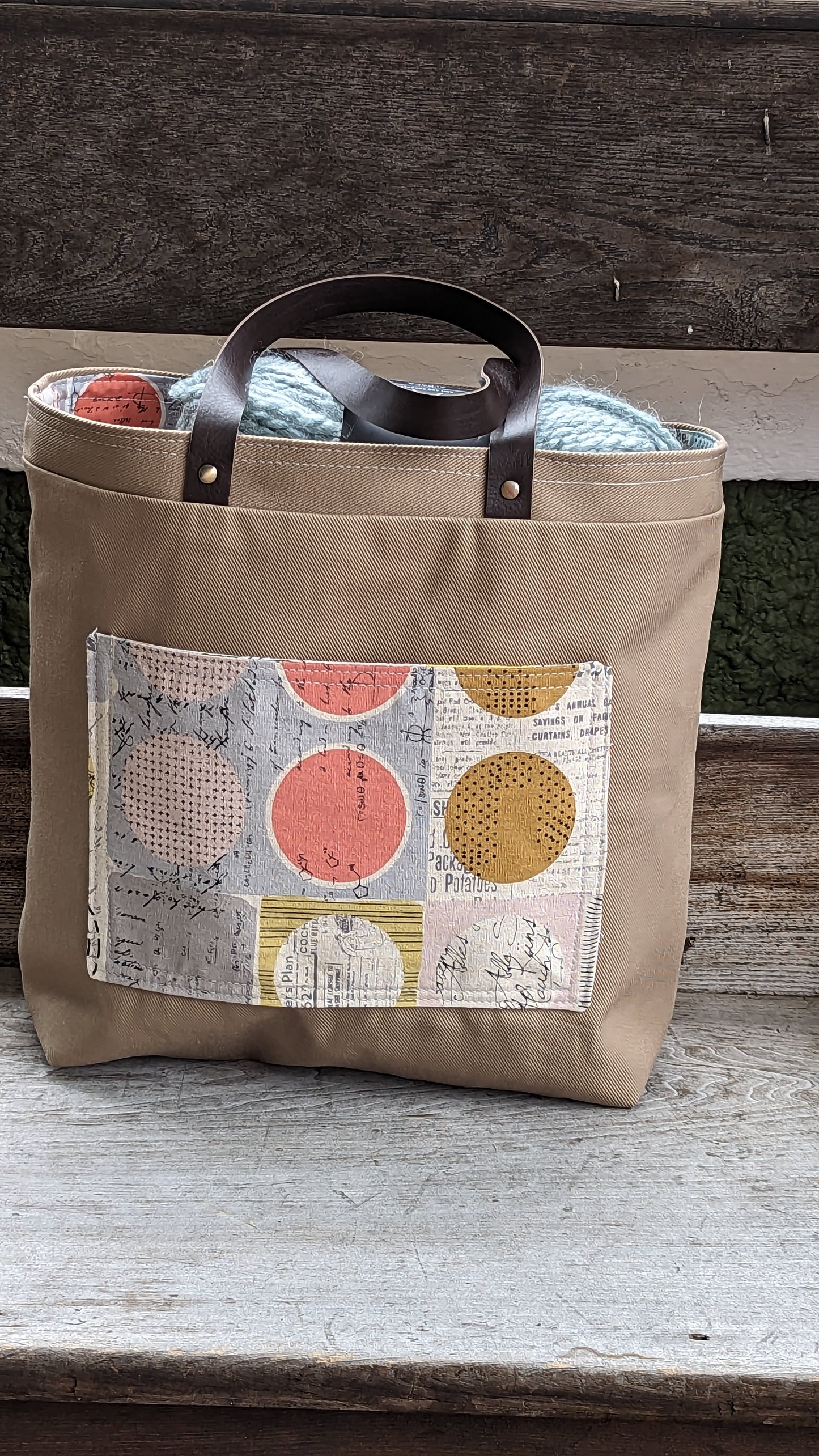 Khakii Tote Bag with Leather Handles