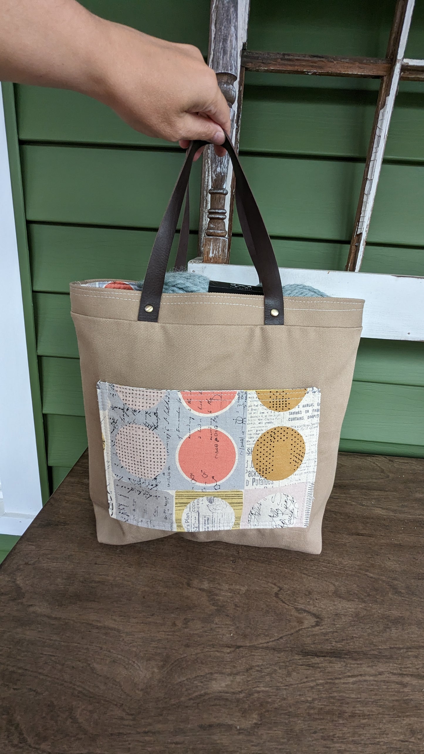 Khakii Tote Bag with Leather Handles