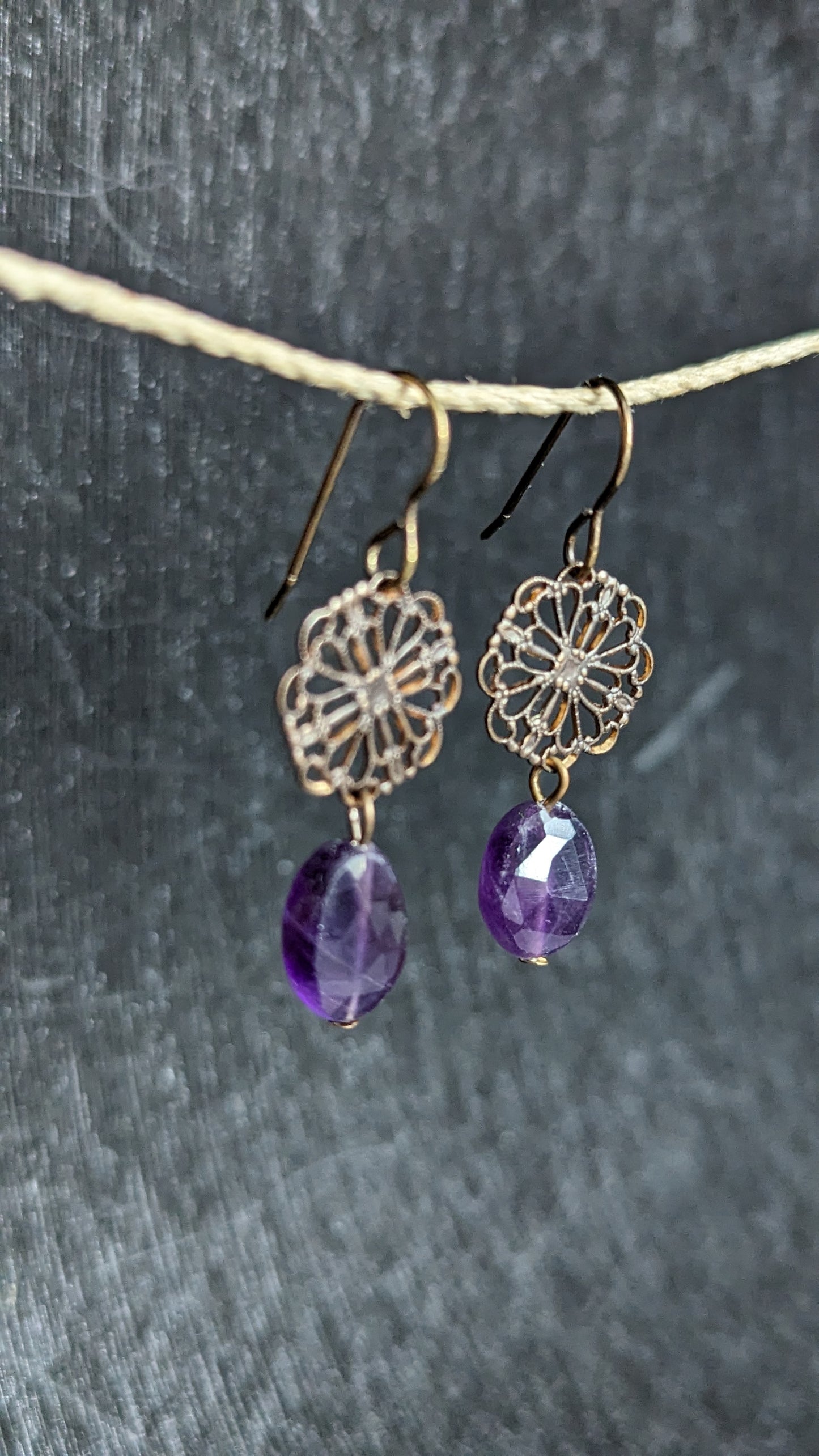 Brass Filigree Earrings with Amethyst Beads