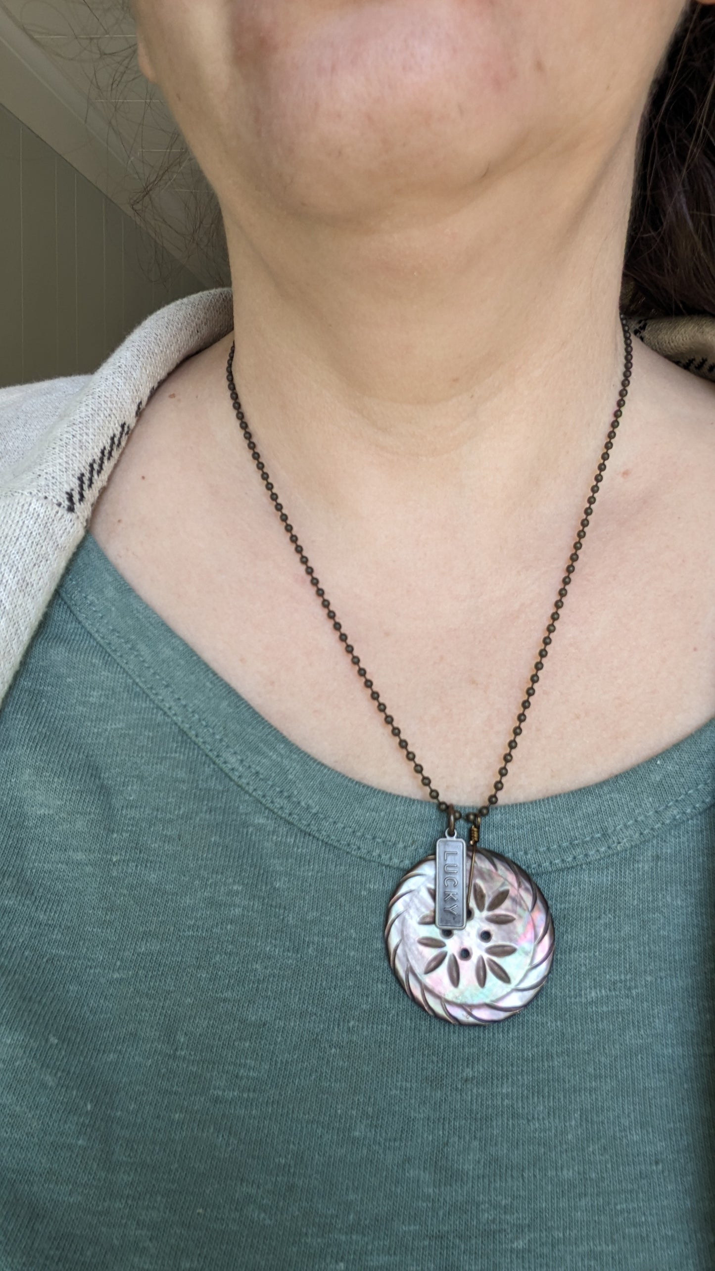 Mother of Pearl Button Necklace- Lucky