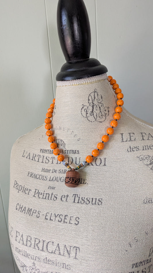 Chunky Beaded Necklace with Carved Wood incense holder Pendant