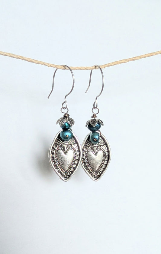 Pewter Hearts and Pearls Earrings