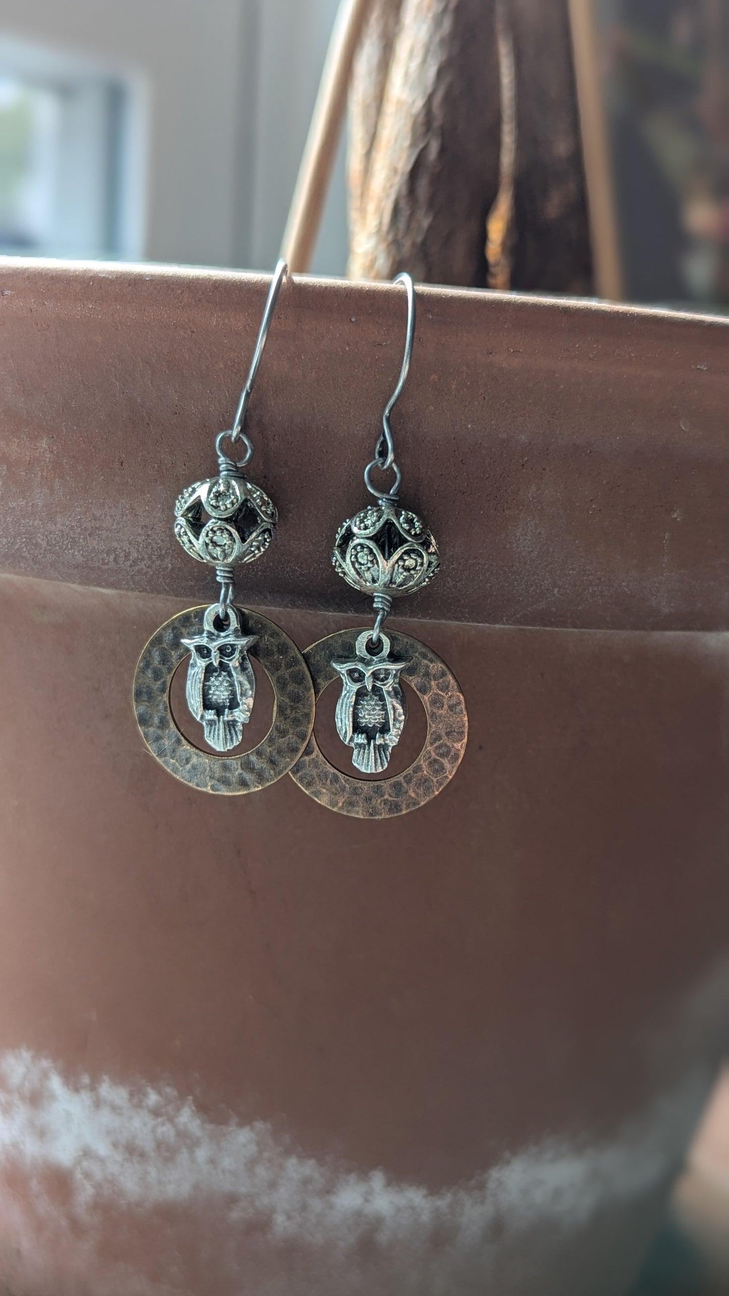 Mixed Metal Owl Earrings