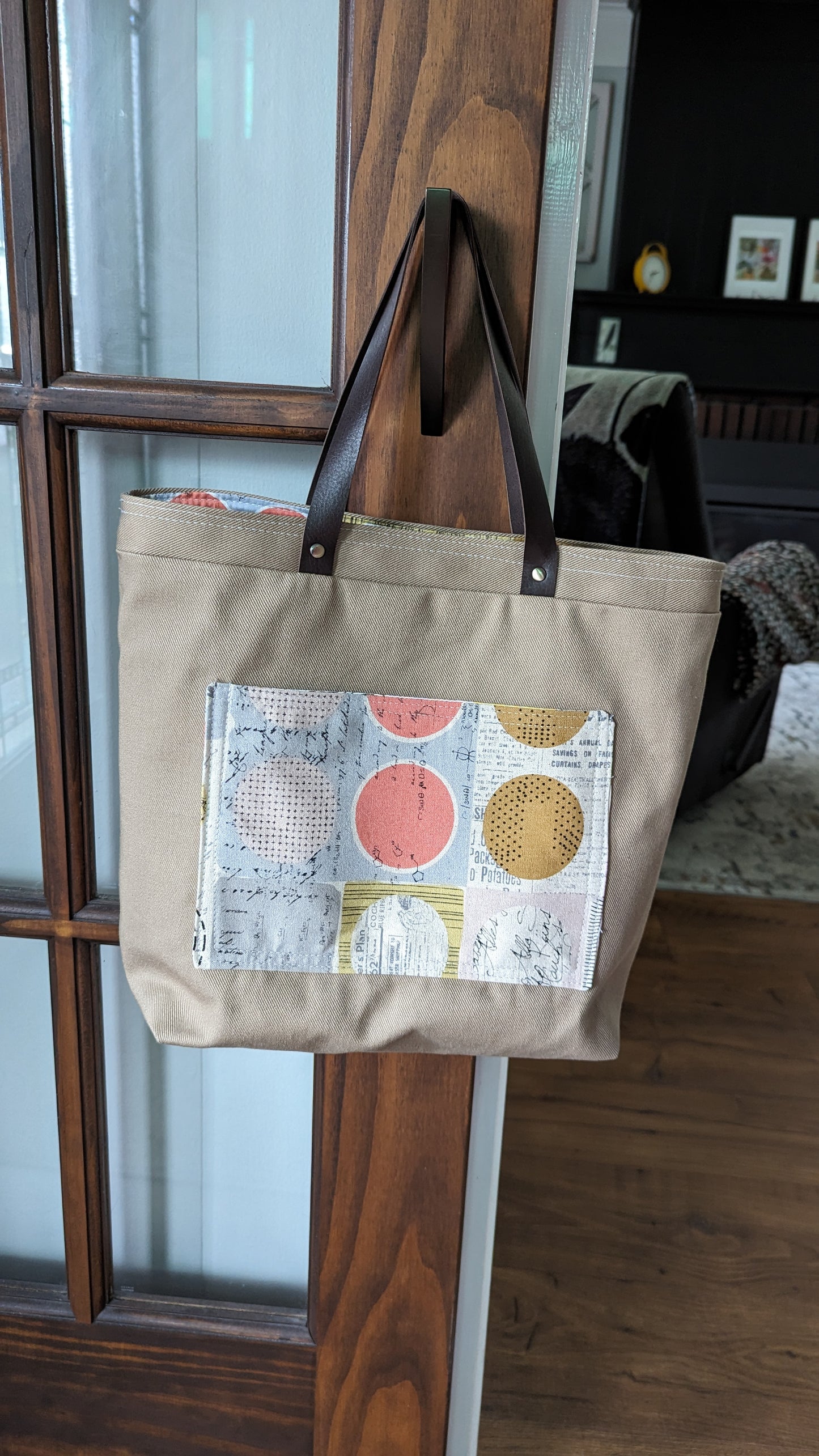 Khakii Tote Bag with Leather Handles