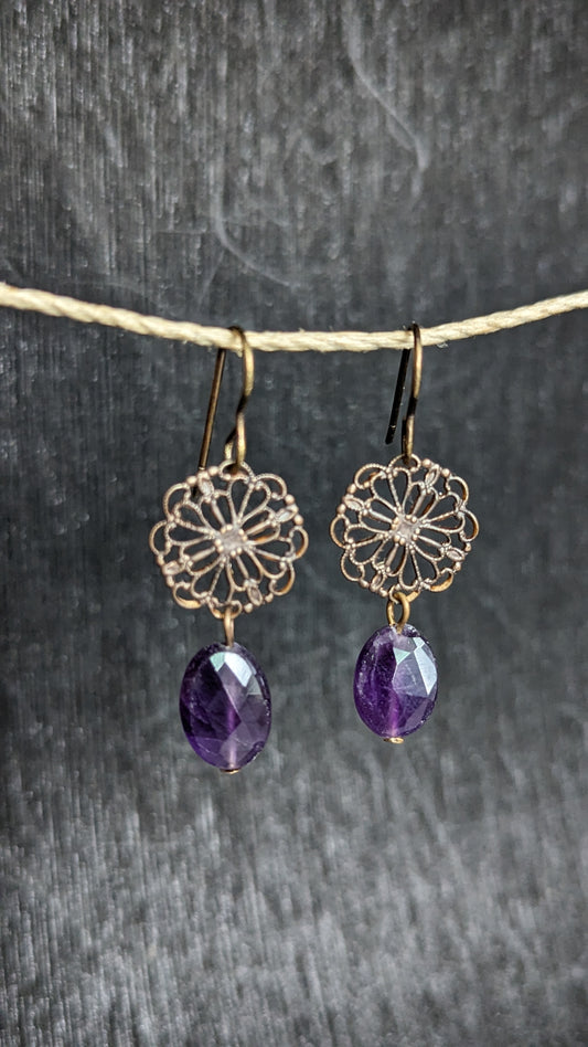 Brass Filigree Earrings with Amethyst Beads