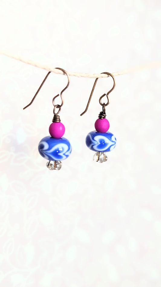 Blue and Fucshia Lampwork glass Earrings