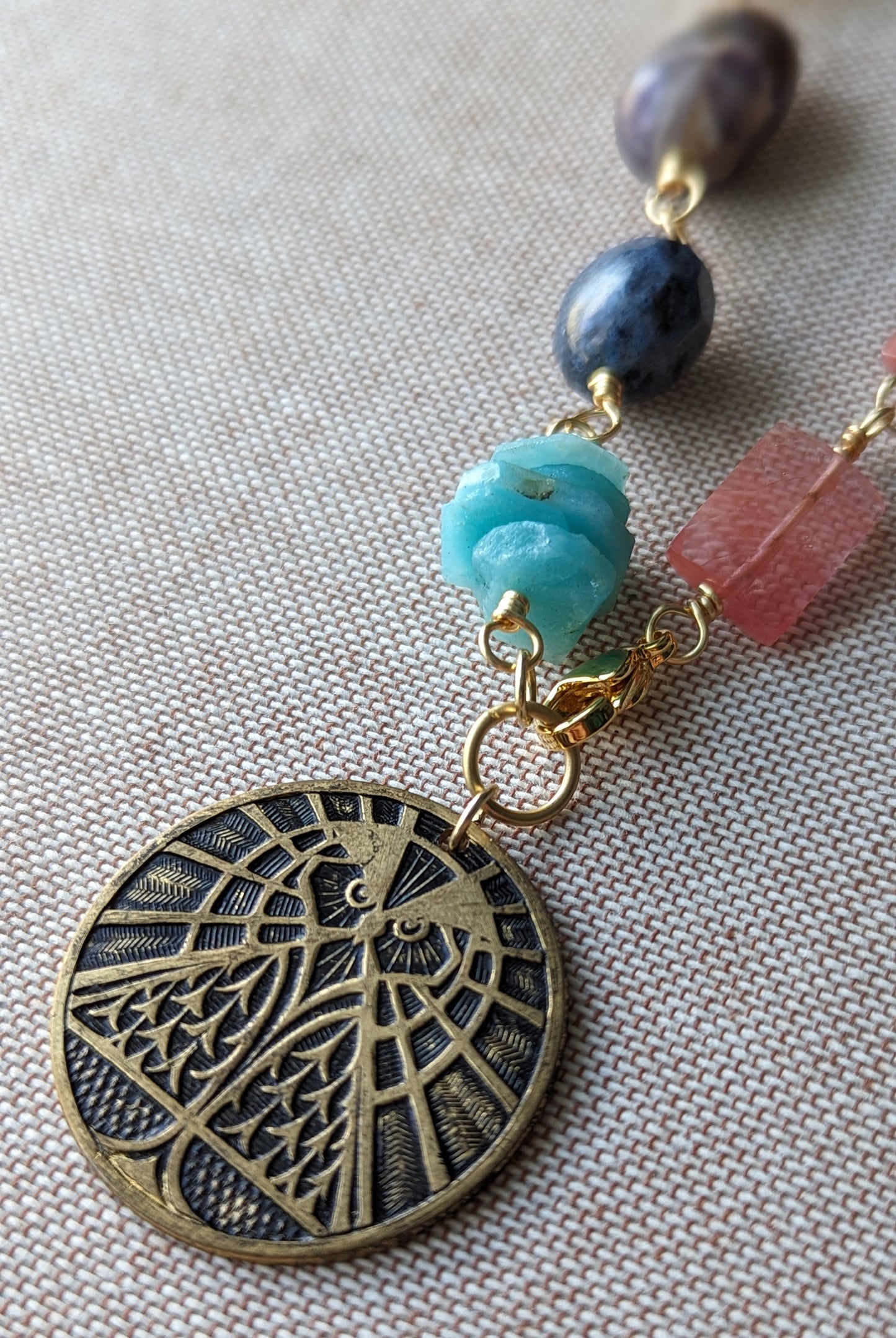Wire Wrapped Stone Necklace with Bronze Owl Pendant