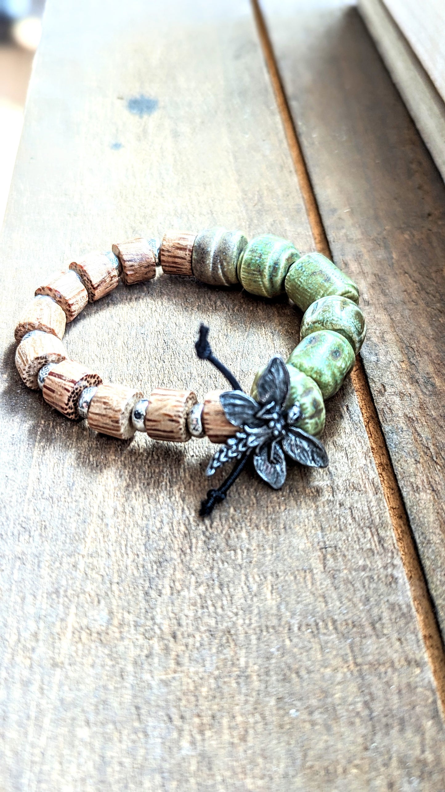 Wood and Ceramic Stretchy Fairy Bracelet