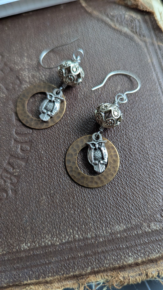 Mixed Metal Owl Earrings
