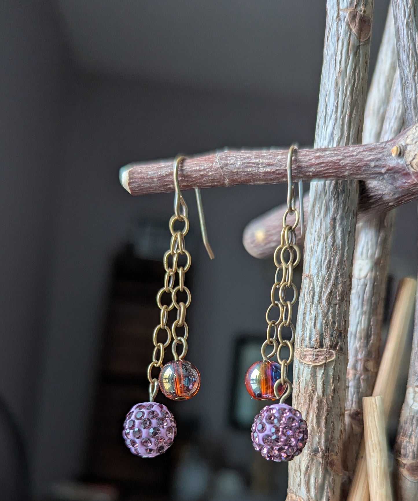 Brass Chain Dangle Earrings with Beads