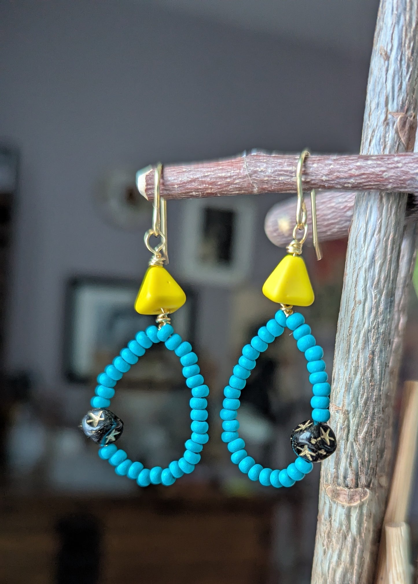 Seed Bead Hoops with Vintage Glass Triangles Earrings