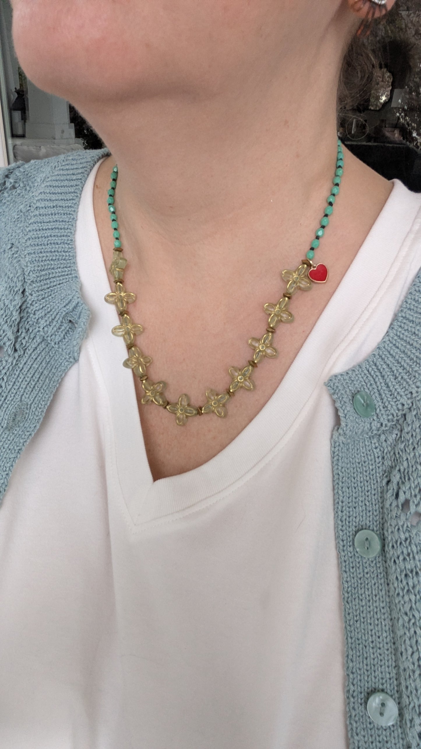 Knotted Necklace with Lucite Flowers and Enamel Heart Charm