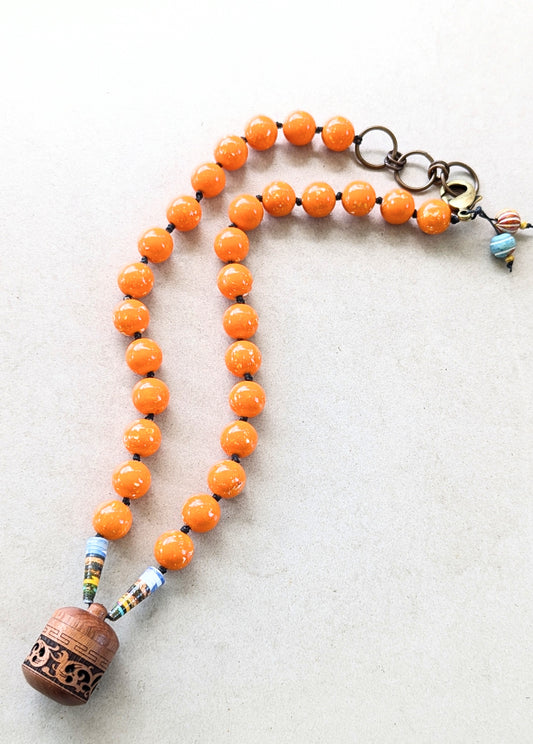 Chunky Beaded Necklace with Carved Wood incense holder Pendant