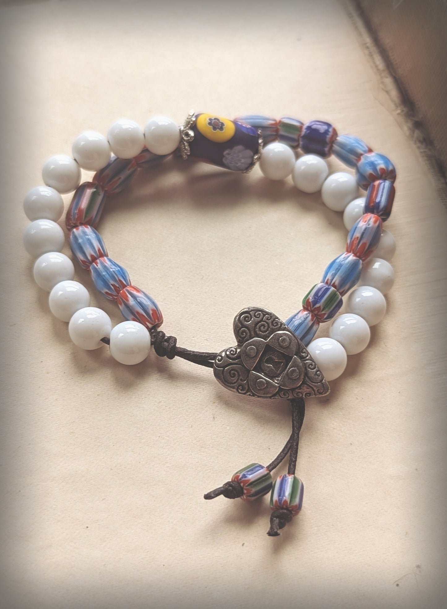 Glass Beaded Double Strand Bracelet with Heart Button