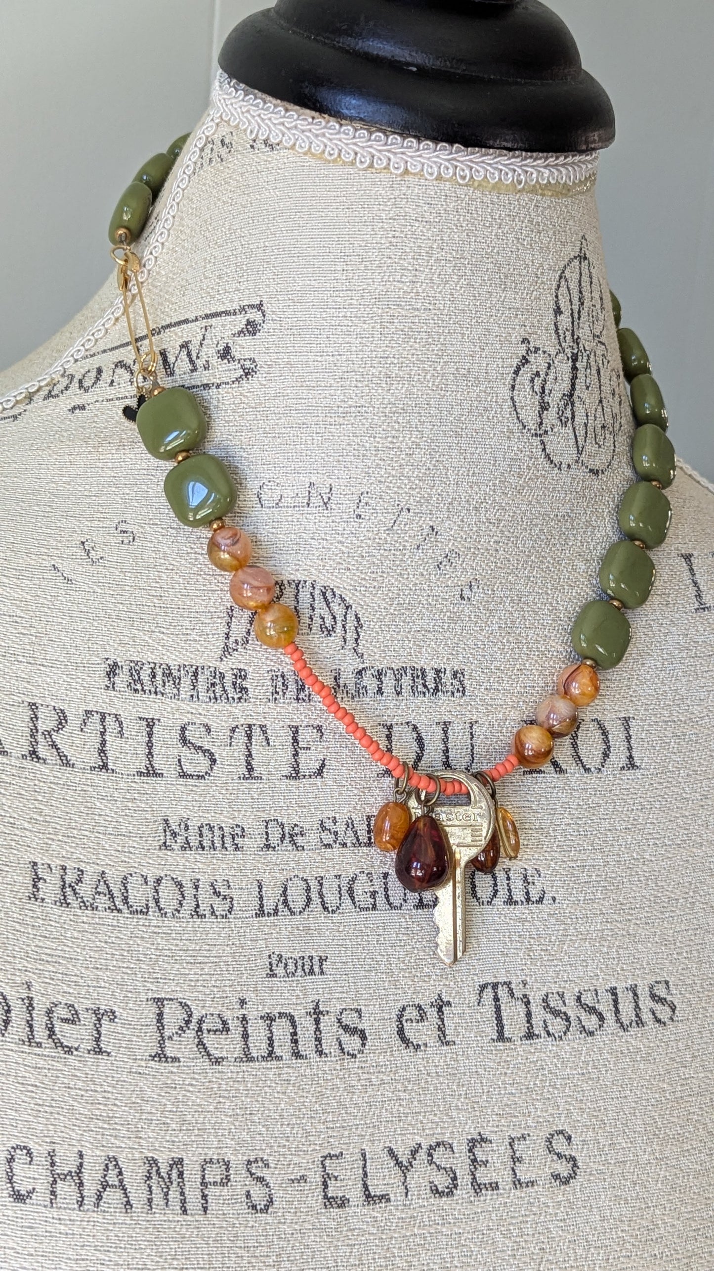 Beaded Necklace with Brass Key