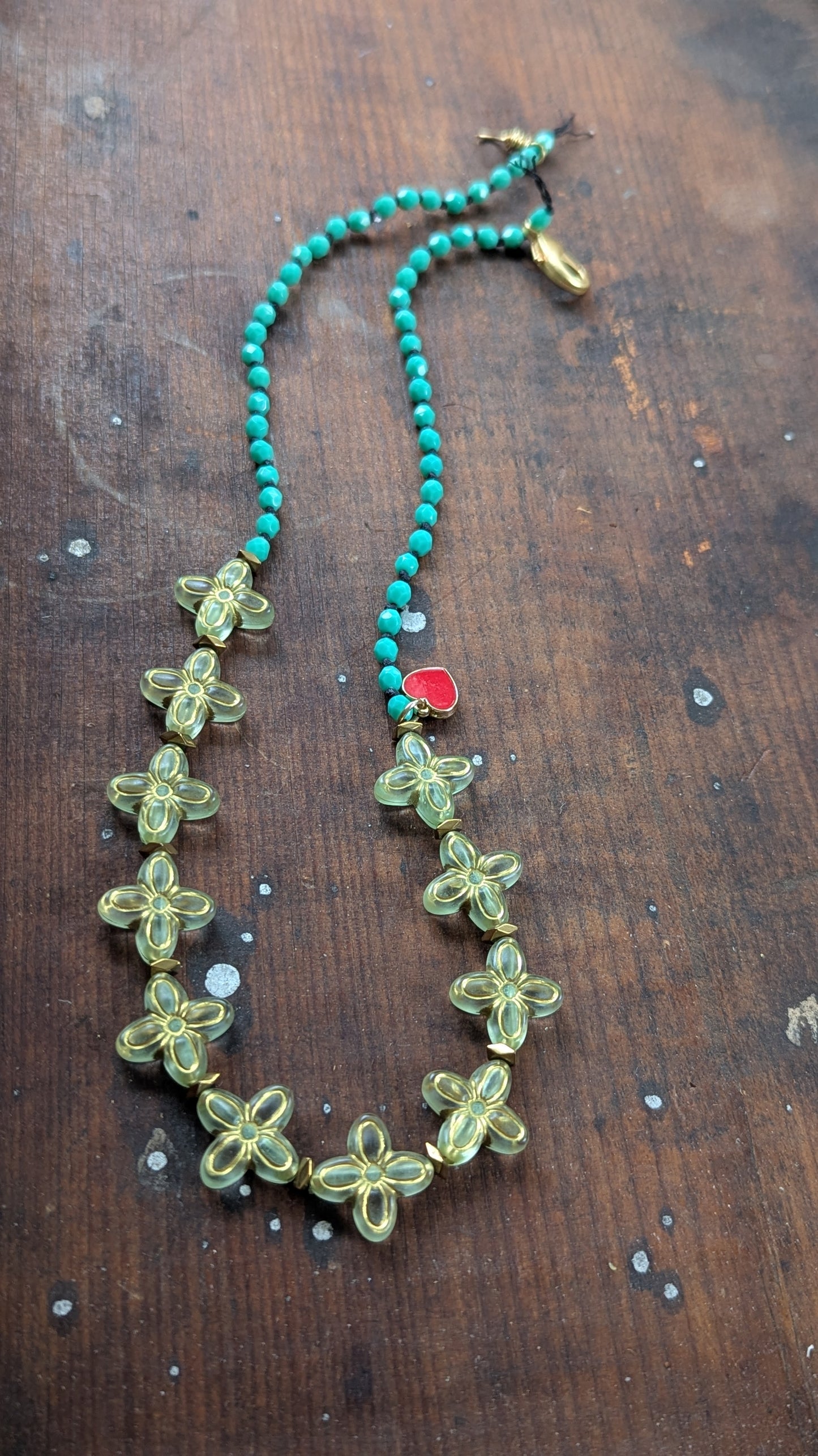 Knotted Necklace with Lucite Flowers and Enamel Heart Charm