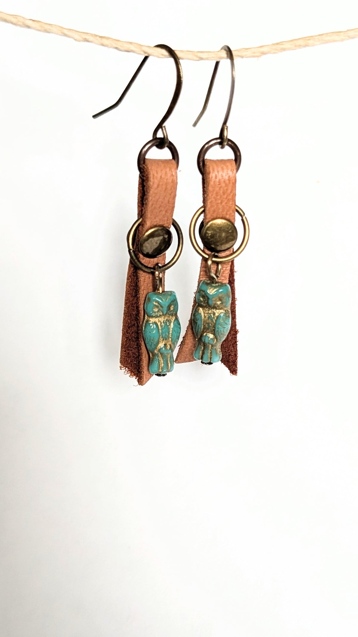 Leather And Glass Owls Earrings