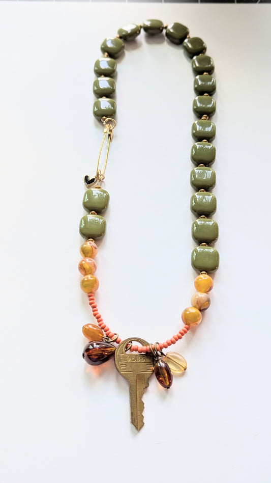 Beaded Necklace with Brass Key