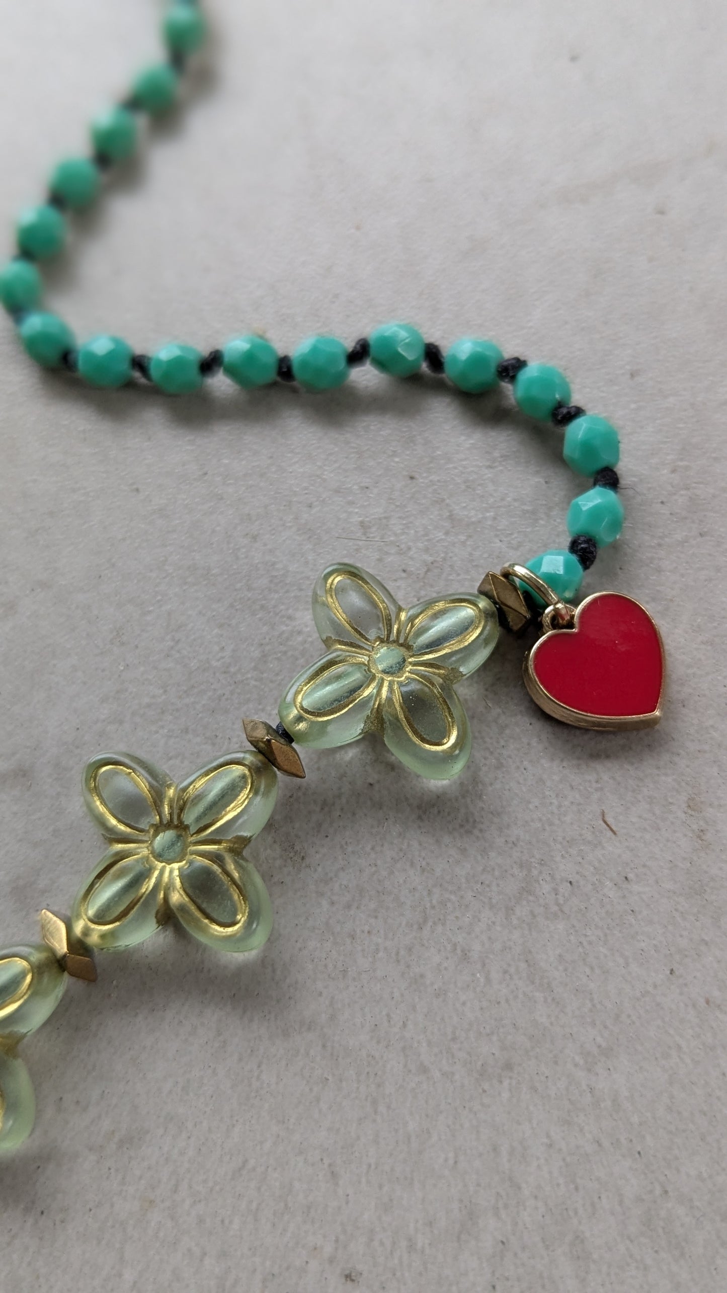 Knotted Necklace with Lucite Flowers and Enamel Heart Charm