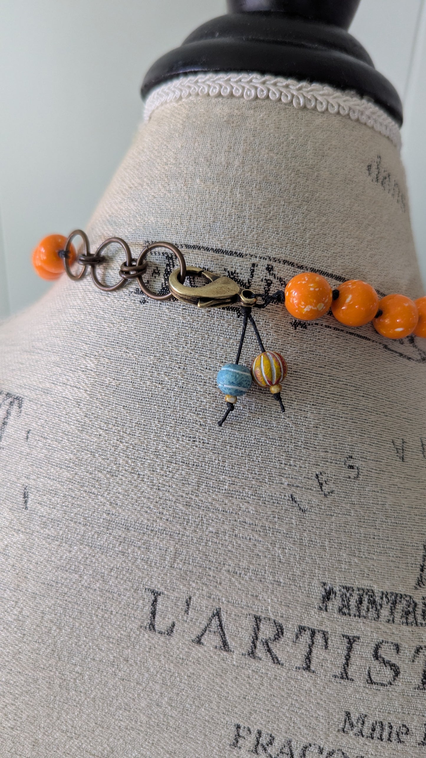 Chunky Beaded Necklace with Carved Wood incense holder Pendant