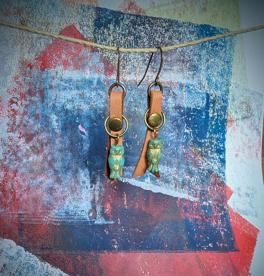 Leather And Glass Owls Earrings