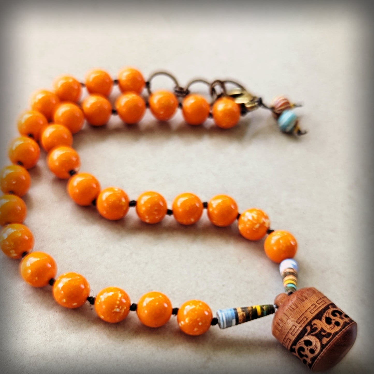 Chunky Beaded Necklace with Carved Wood incense holder Pendant