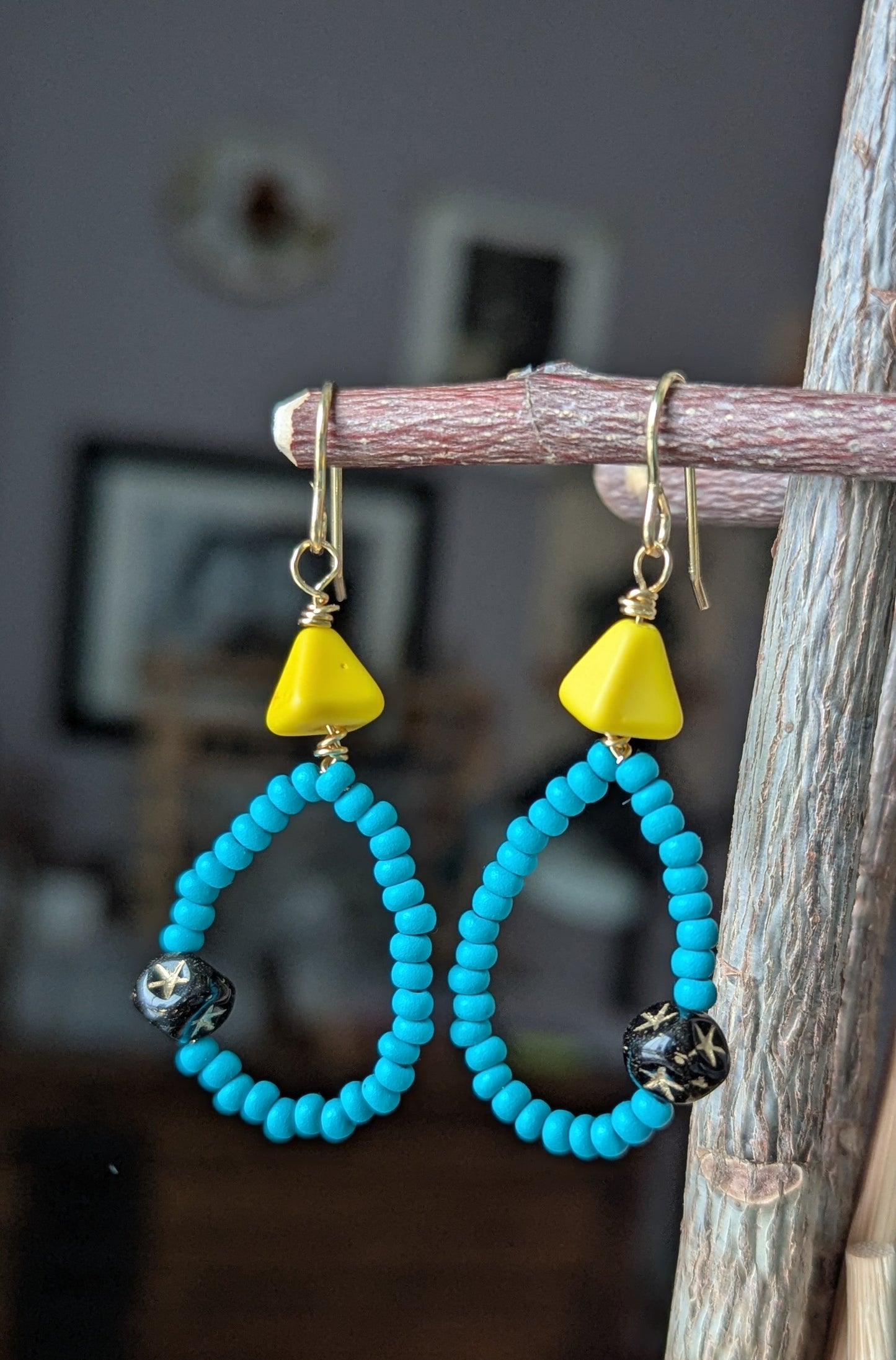 Seed Bead Hoops with Vintage Glass Triangles Earrings