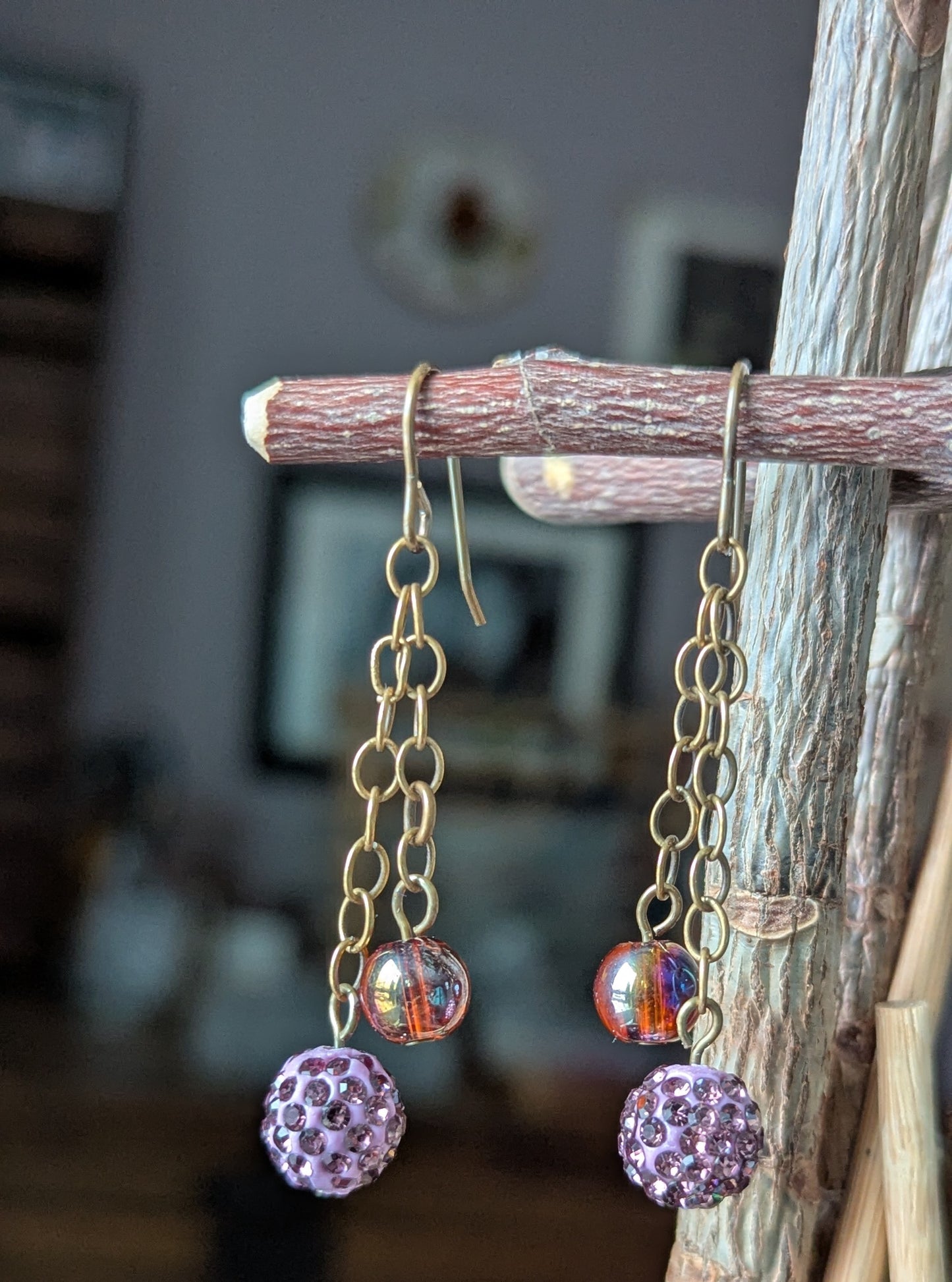 Brass Chain Dangle Earrings with Beads