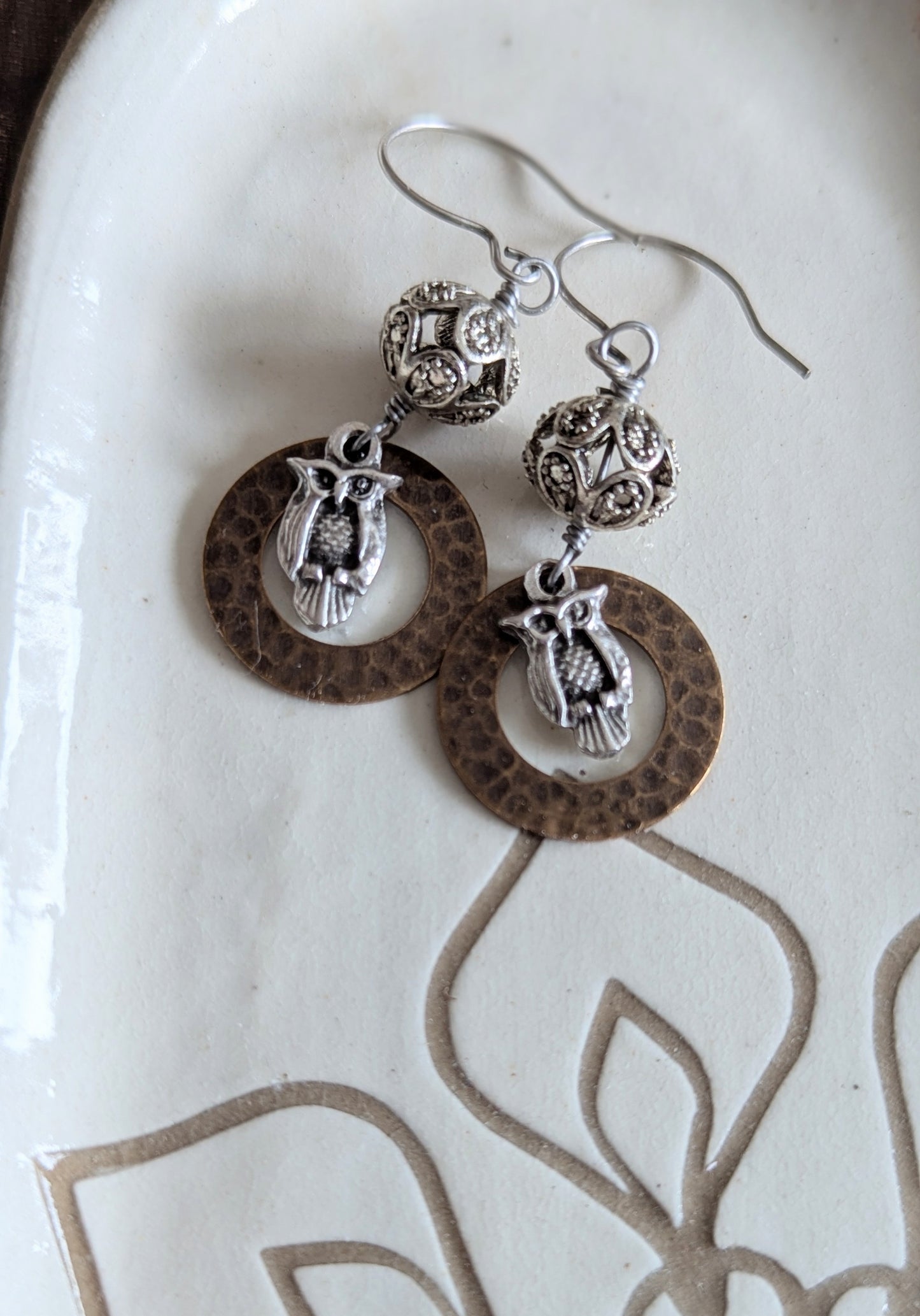Mixed Metal Owl Earrings