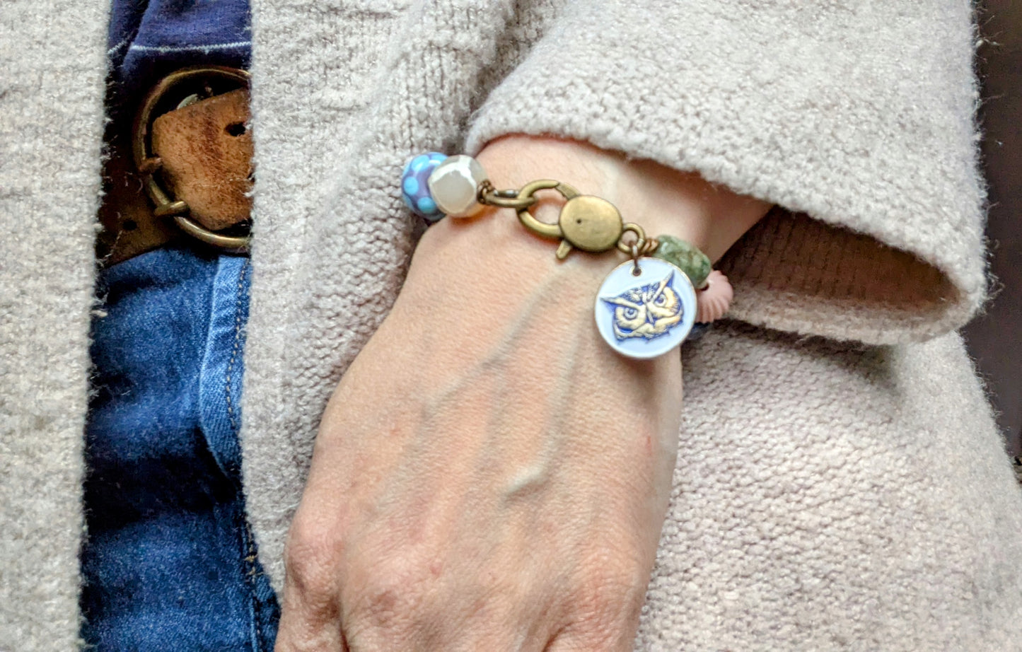 Chunky Beaded Bracelet with Owl Golf Marker Charm